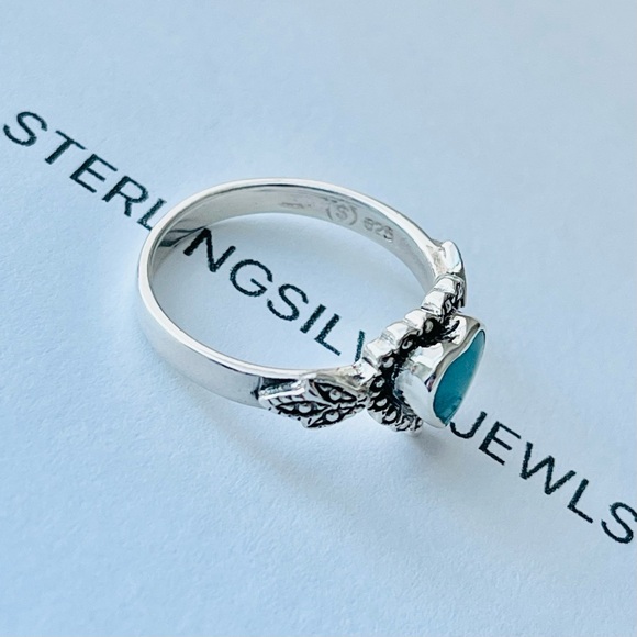 Sterling Silver Victorian Heart Synthetic Turquoise Ring, Love Silver Rings - Picture 9 of 13